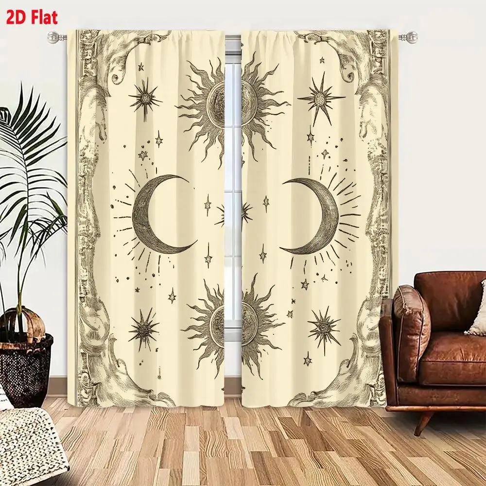 2Pcs Curtains 2D Flat Vintage Celestial Illustration With Symmetrical Crescent Moons Central Star Radiant Sun And Ornate Border
