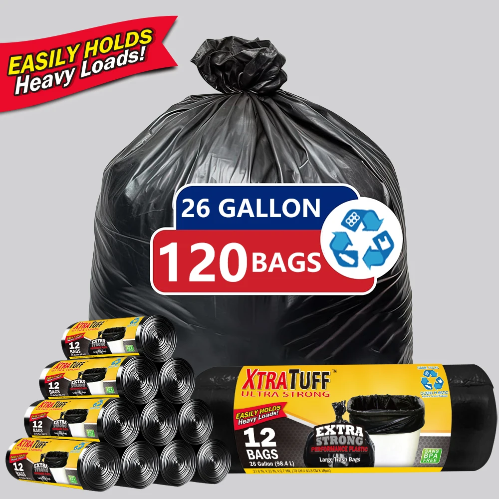 

Xtratuff Tall Kitchen Trash Bags 26 Gallon Black Trash Bag Unscented BPA FREE 120 Count Garbage Bags Strong Rubbish Bag