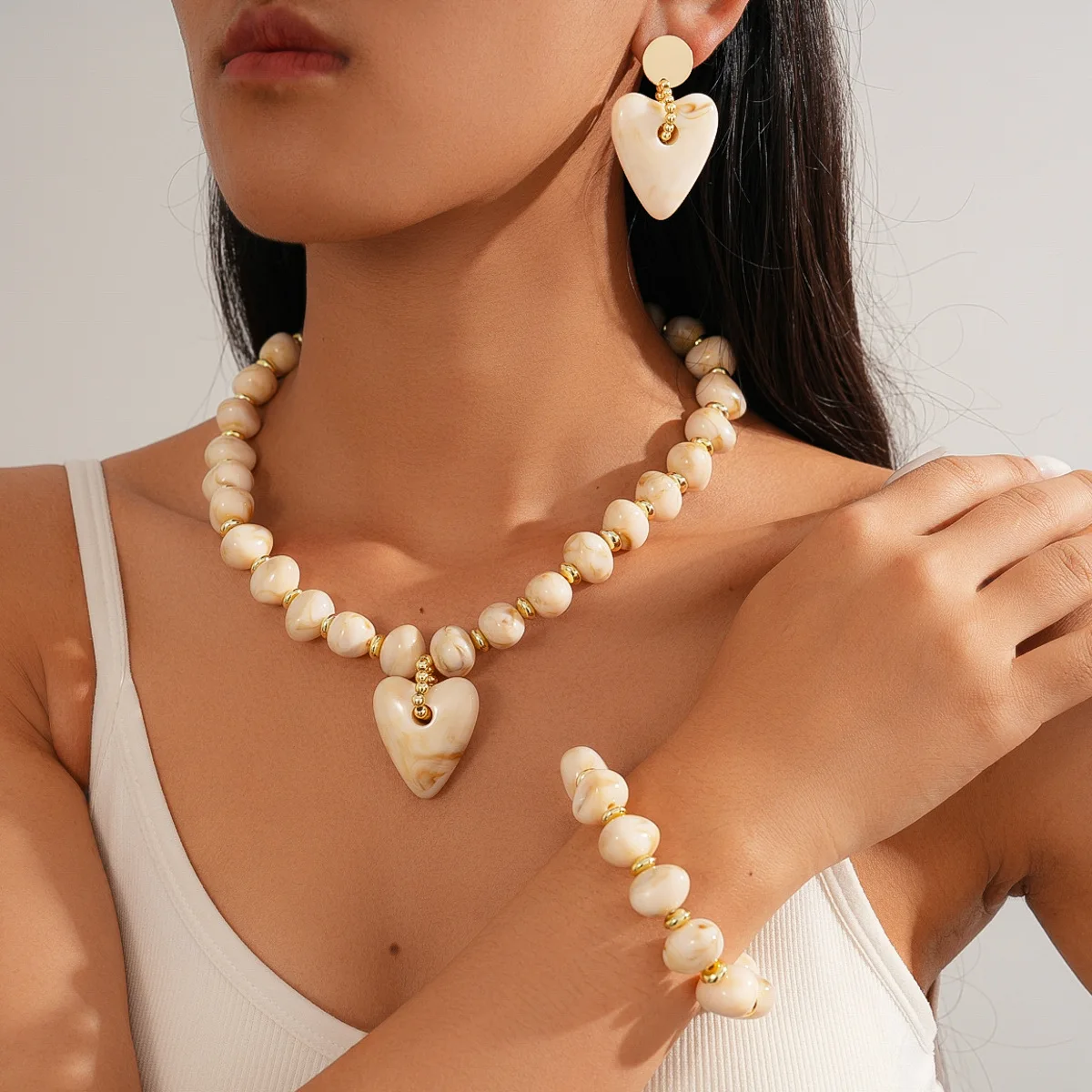Immagine 5: Collana con Ciondolo a Cuore e Perline in Acrilico Ovale Stile Europeo e Americano, Orecchini Eleganti alla Moda, Accessori da Donna per Banchetti K