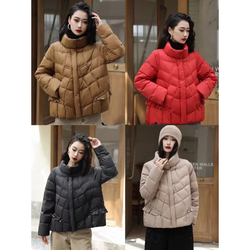 Short Down Jacket for Female Korean Version of The Fashionable Collar Wooden Ear Edge Warm Loose Down Jacket Spring and Fall New