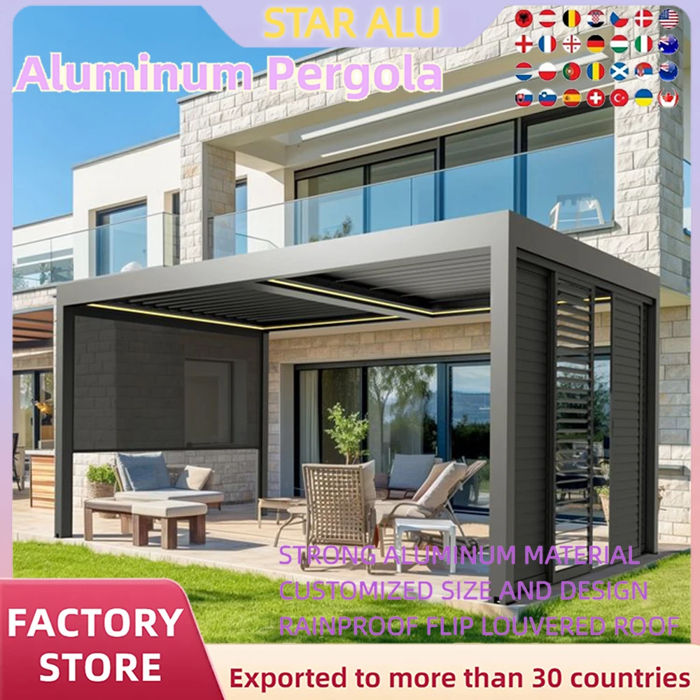 

Bioclimatic Aluminum Pergola customized size Outdoor Beach Swimming Pool With Motorized Screen Set Louvered Pergola gezebos