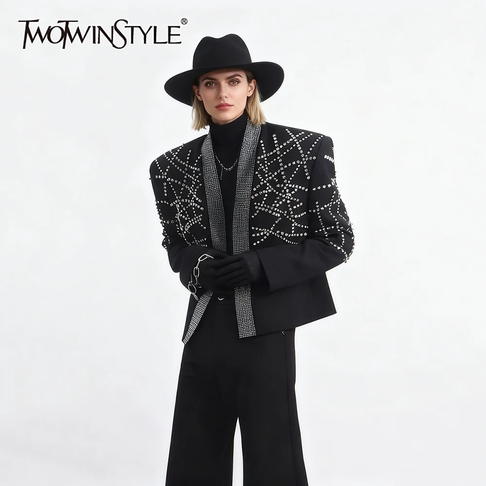 

TWOTWINSTYLE Loose Spliced Diamonds Luxurious Blazers for Women V Neck Long Sleeves Patchwork Hot Fix Fashion Blazer Female New