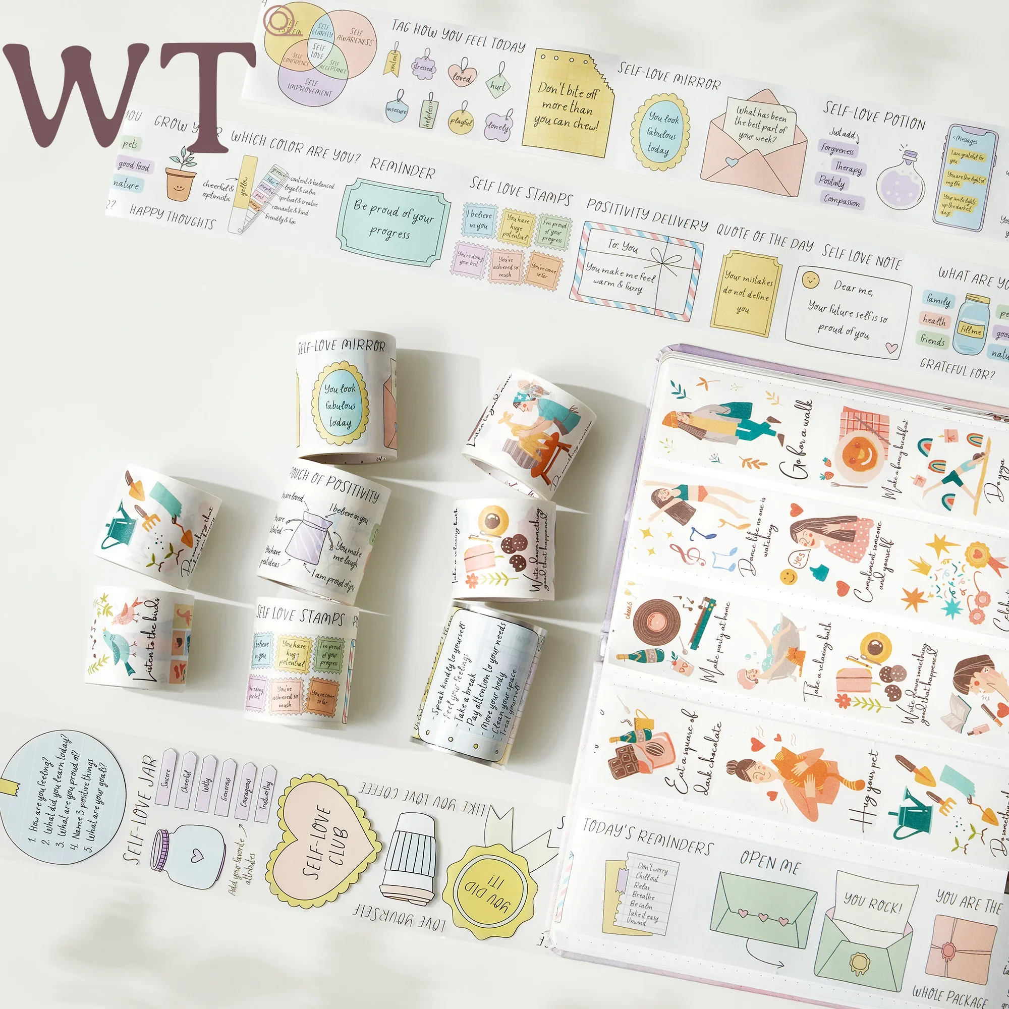 WT Pet Washi Tape Roll Broken Thoughts, Full of Vitality, Text Daily English Die-cutting Diary