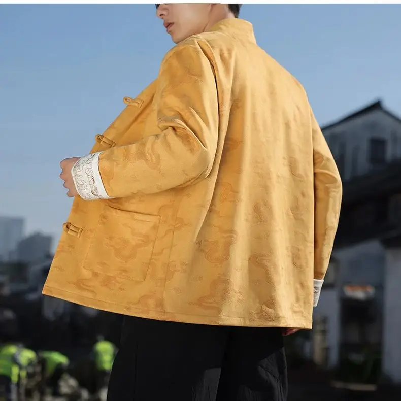 Chinese-style Men's Yellow Long-sleeve Printed Jacket, Single-breasted Stand-up Collar Coat, Asian-sized Soft Fabric Overcoat.