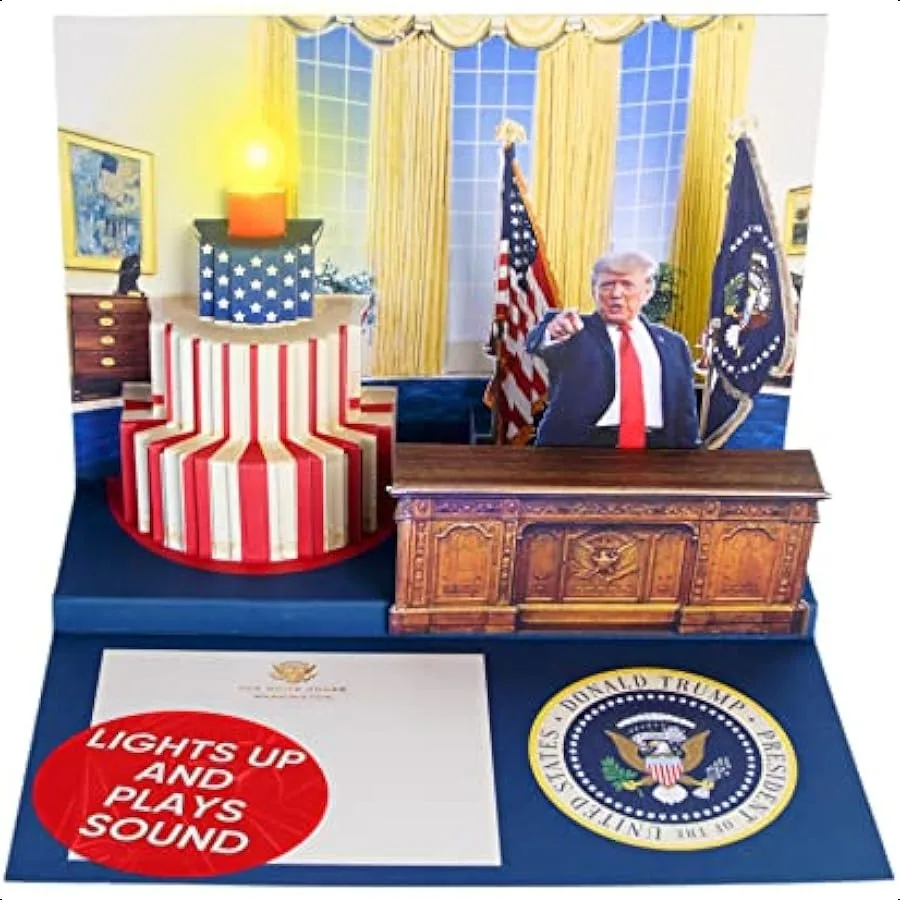 

Pop Up Birthday Card with Light and Sound Features Real Donald Trump Voice Message for Men and Women Parents Couples Cake