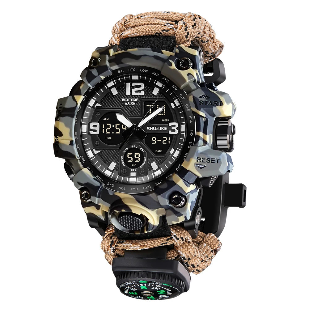 ساعة رياضية عسكرية للرجال ساعة منبه ساعة توقيت LED ضوء خلفي رقمي عرض مزدوج الوقت 827 ساعات رجالية مقاومة للماء