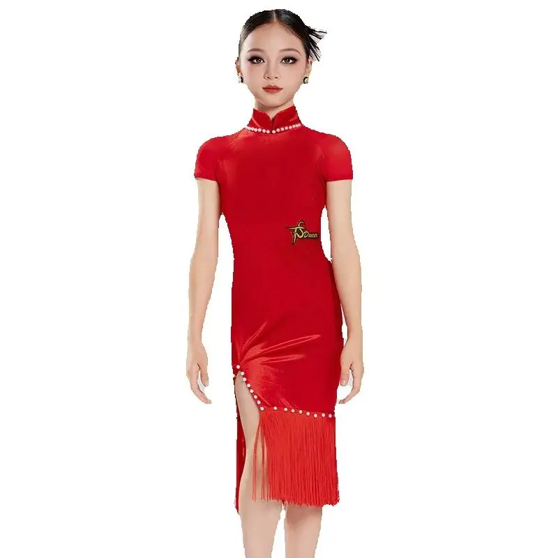 Crianças estilo chinês dança latina franjas vestido meninas vermelho vestidos de competição de dança latina crianças dança de salão wear sl13968