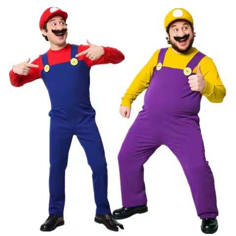 Men's Super Plumber Costume Anime Game Character Jumpsuit Holiday Cosplay Outfit Funny Party Performance with Beard Accessories