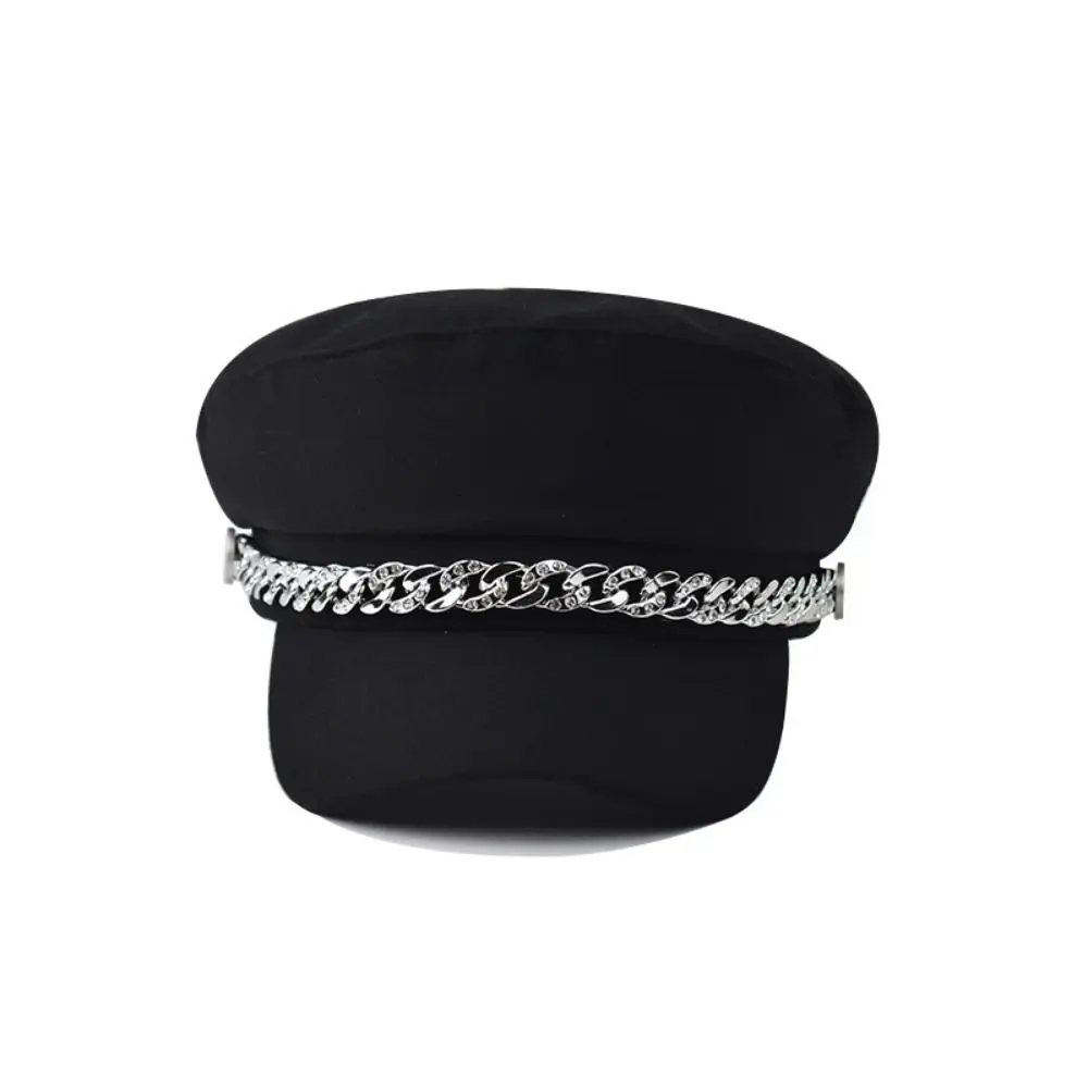 Fashion Rhinestone Chain Decor Newsboy Cap Vintage Twill Fabric Flat Top Beret Hat Short Brim Baker Boy Hat For Women