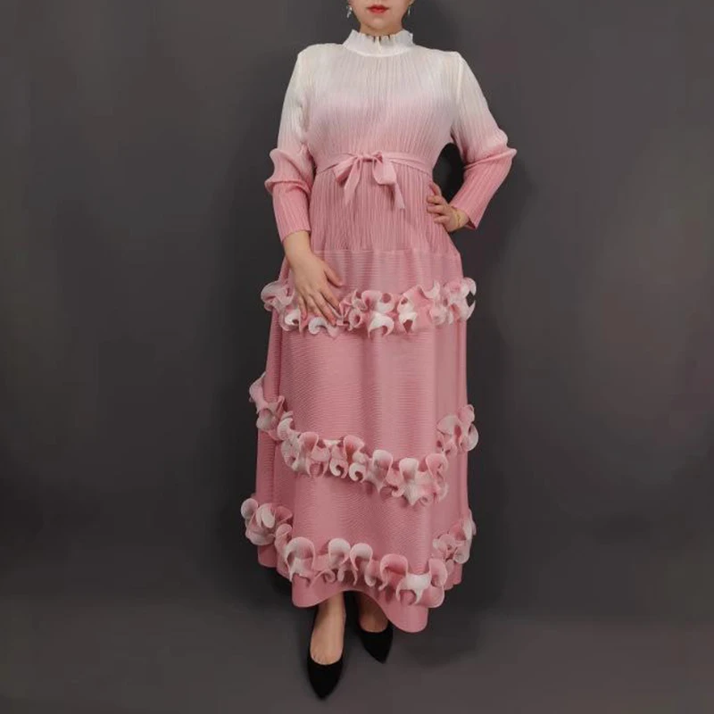 ALSEY 三宅 2025 夏の新ハイエンドグラデーションフリルプリーツドレス女性の伸縮性のあるルーズ長袖ネクタイプリーツ服