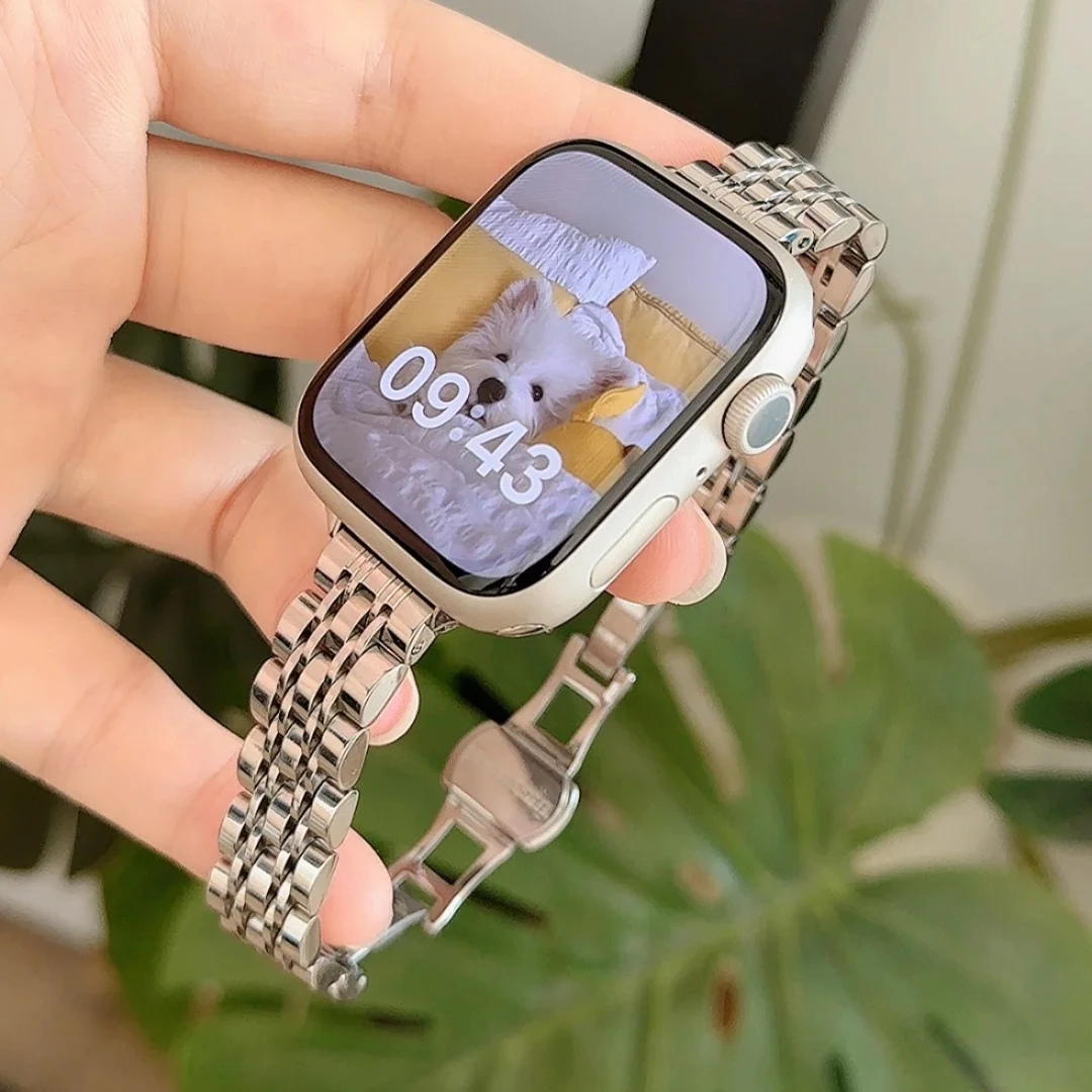 

Тонкий браслет из нержавеющей стали для Apple Watch Band 38 мм 40 42 44 45 46 49 41 мм серебряный металлический браслет для iWatch 10 9 8 7 SE 6 5