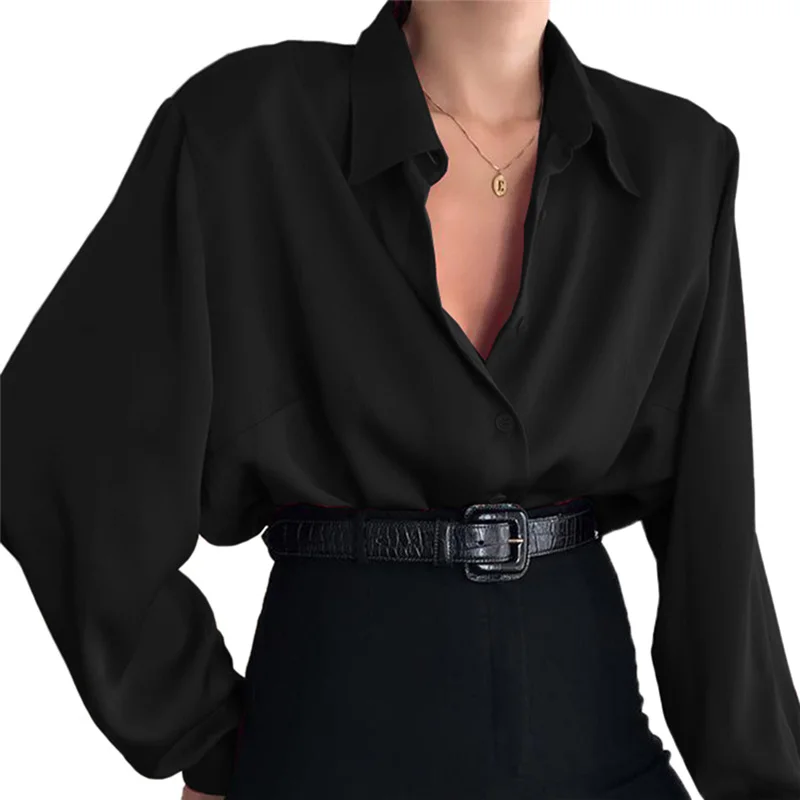 Women Button Blouses Turn Down Collar Shirts Office Lady Long Sleeve Casual Blouse Loose OL Shirt Baggy Tops