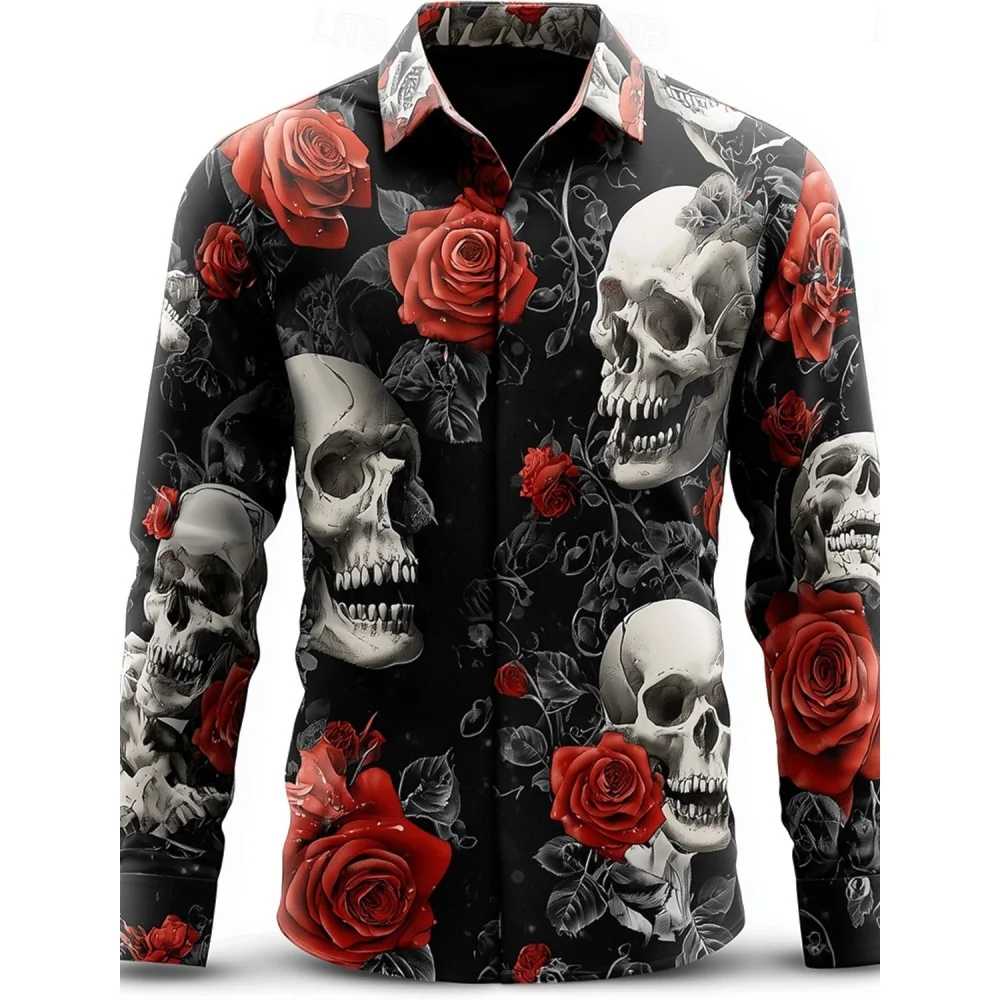 Men's Skeleton Rose Skulls Shirt Button up Shirt Long Sleeve Dark Shirts for Man Gothic Style Street 3D Print Shirt Men Clothing