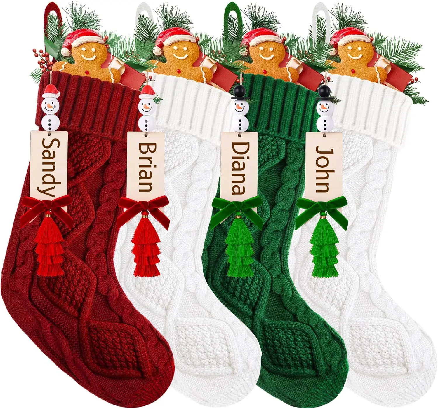 

4 упаковки персонализированных рождественских чулок, вязаные 18 футов с именными бирками в виде снеговика своими руками, красный, зеленый, белый