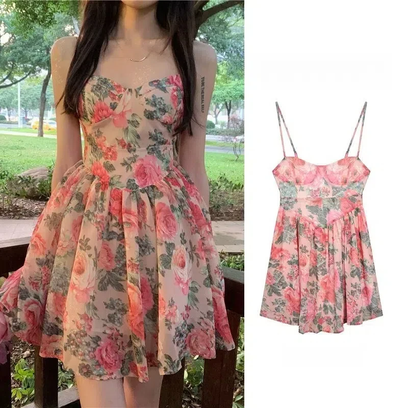 All-match Sweet Plant&Flowers Printing Pullover Camisole A-Line Vacation Knee Skirts Women's Clothing Summer Strapless Dresses