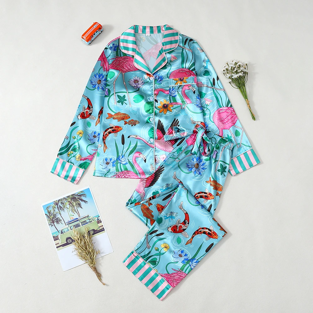 

2Pcs Fun Animal Print Pajamas Set For Women Elegant Homewear Comfortable Loose Long Sleeve Long Pants Spring Autumn Sleepwear