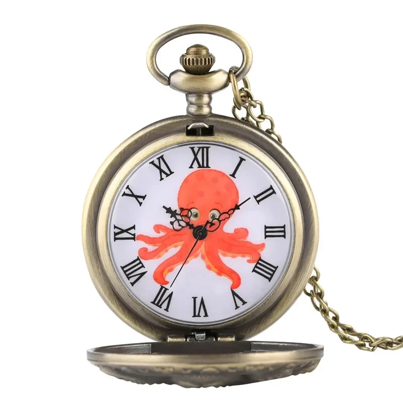 Classic Bronze Octopus Half Hunter Pocket Watch Men Women Quartz Hollow Clock Necklace Pendant Chain Roman Number Display Gift