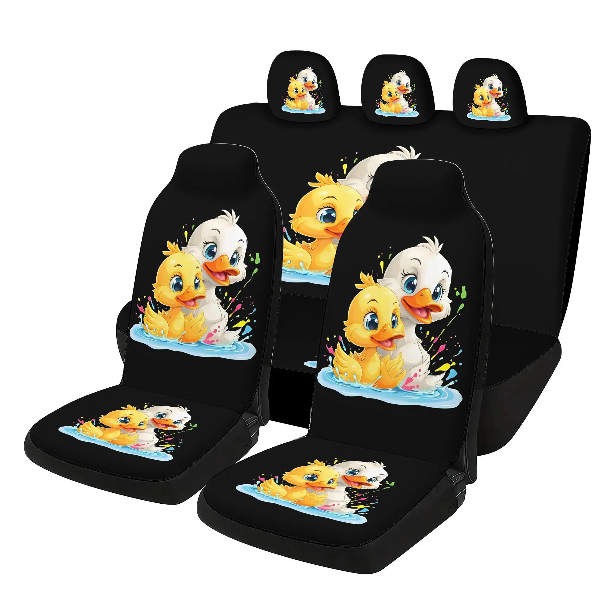 7pcs Playing Little Yellow Duck Print Printed Universal Car Seat Covers, Including 2 Front Seat Covers + 1 Rear Backrest Cover +