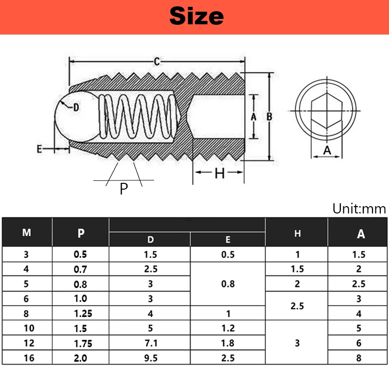 304 Stainless Steel M3 M4 M5 M6 M8 M10 M12 M16 Wave Ball Positioning Ball Steel Ball Spring Ball Plug Fixed Plunger