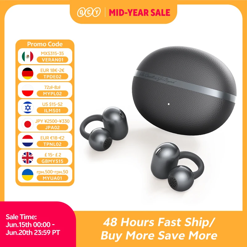 QCY Crossky C50 Open Ear Wireless Earbuds Bluetooth 6.0 Comfort Clip On Sports Earphone 4 Mic AI Clear Call Bass Boost Headphone
