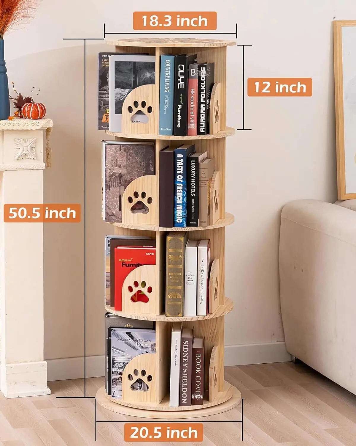 4 Tier Rotating Bookshelf Kids, 360 Display Floor Standing Bookcase Storage Rack for Kids&Adults Solid Wood