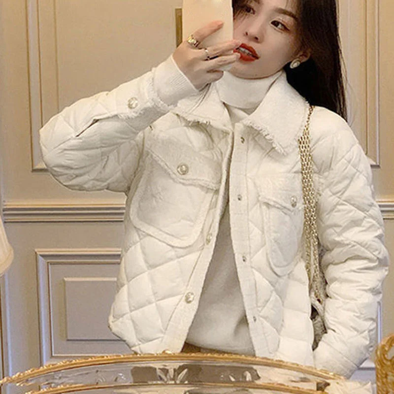 Korean White Down Cotton Jackets Women 2023 Winter Single-Breasted Short Parkas Woman Turndown Collar Long Sleeve Thick Outwear