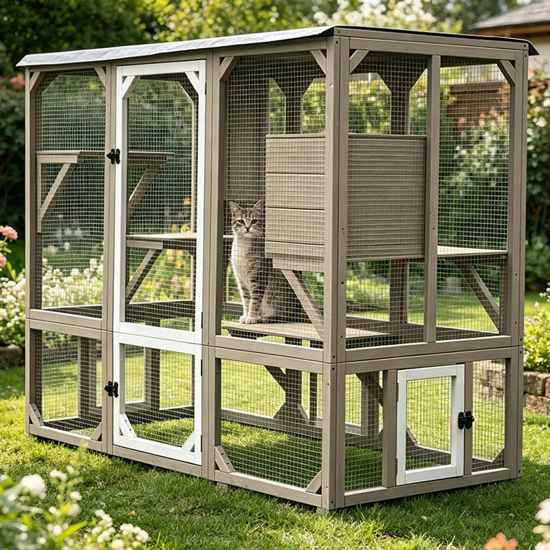Wholesale Large Space Pet Cage Wooden Outdoor Waterproof Cat Villa House With Cat Tree Tower Cat Playground Cage