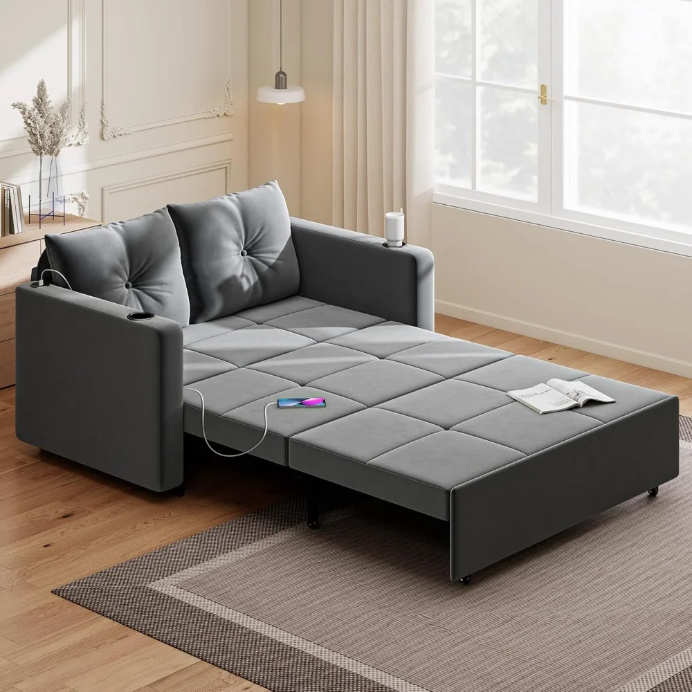 أريكة سرير 3 في 1 قابلة للسحب مقاس 56 بوصة أريكة نوم مخملية قابلة للتحويل مع حامل أكواب USB