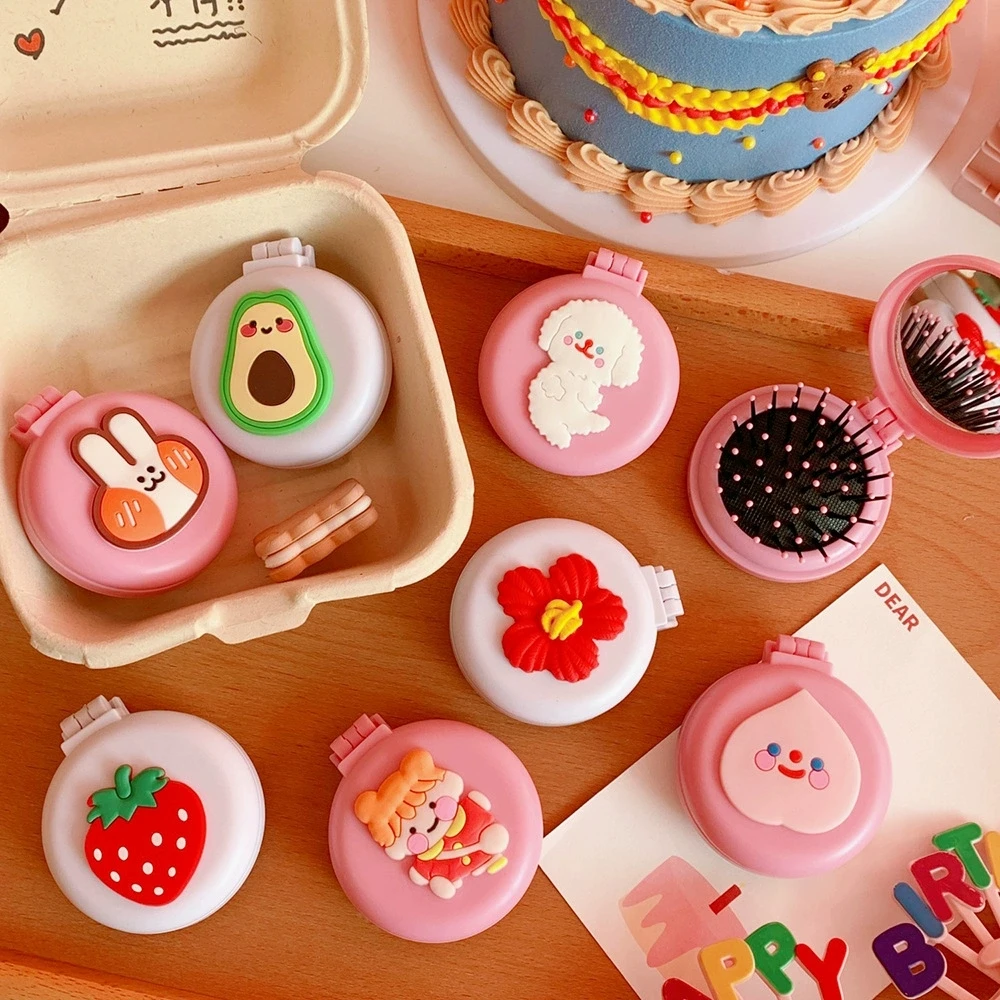 Macaron pequeño espejo portátil lindo chica corazón plegable airbag peine cojín de masaje portátil peine espejo de maquillaje circular