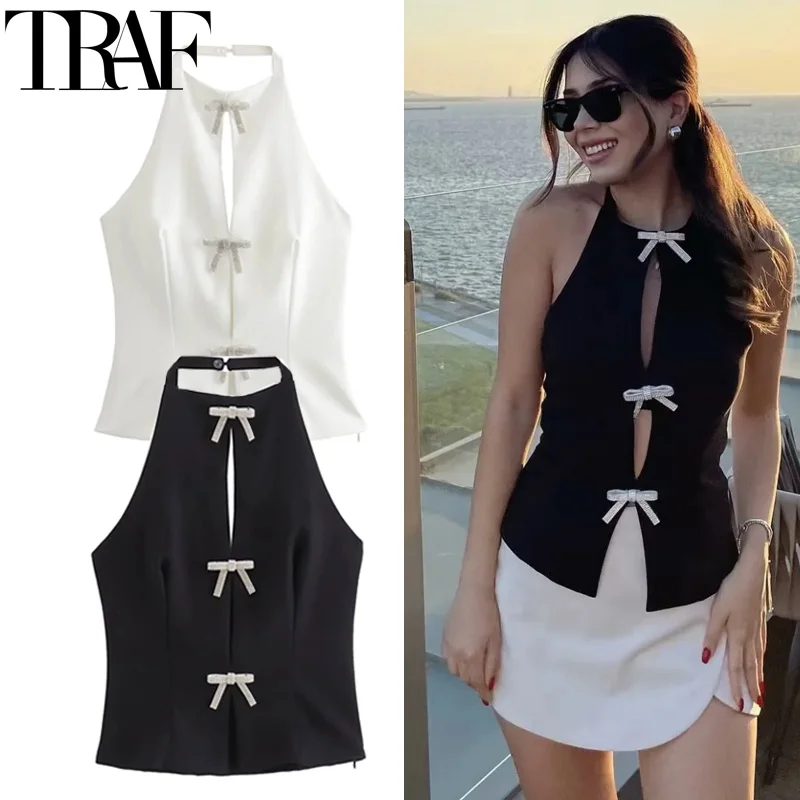 TRAF Rhinestone Bow Halter Top Women Off Shoulder White Crop Top Woman Party Backless Sexy Tops Summer Cut Out Short Black Top