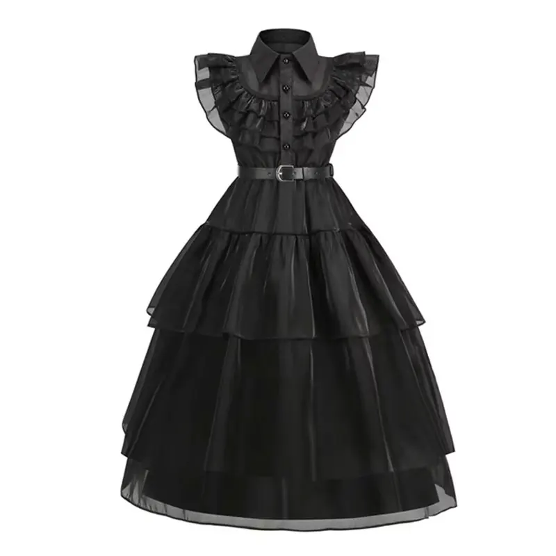 Children Wed. Costume Girls Family Cosplay Halloween Carnival Party Gothic Black Dress Kids Family Pageant Horror Set