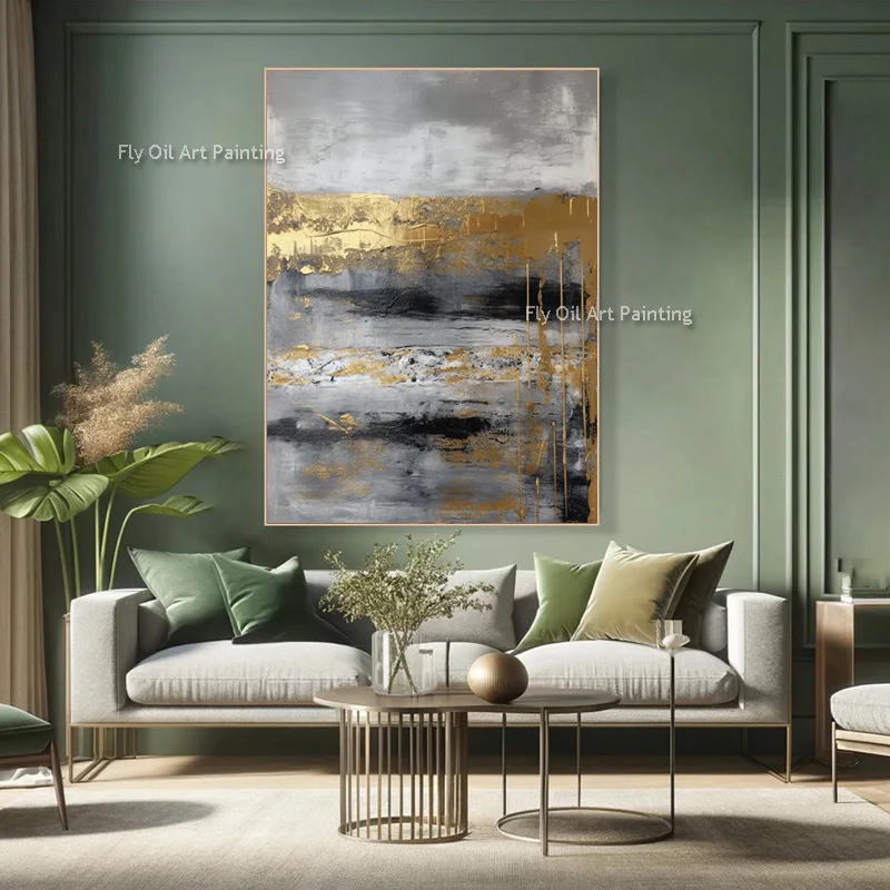 رمادي وذهبي أصفر مجردة قماش جدار الفن رسمت باليد تصميم الأزياء لوحة زيتية بنية بسيطة لديكور قاعة الغرفة