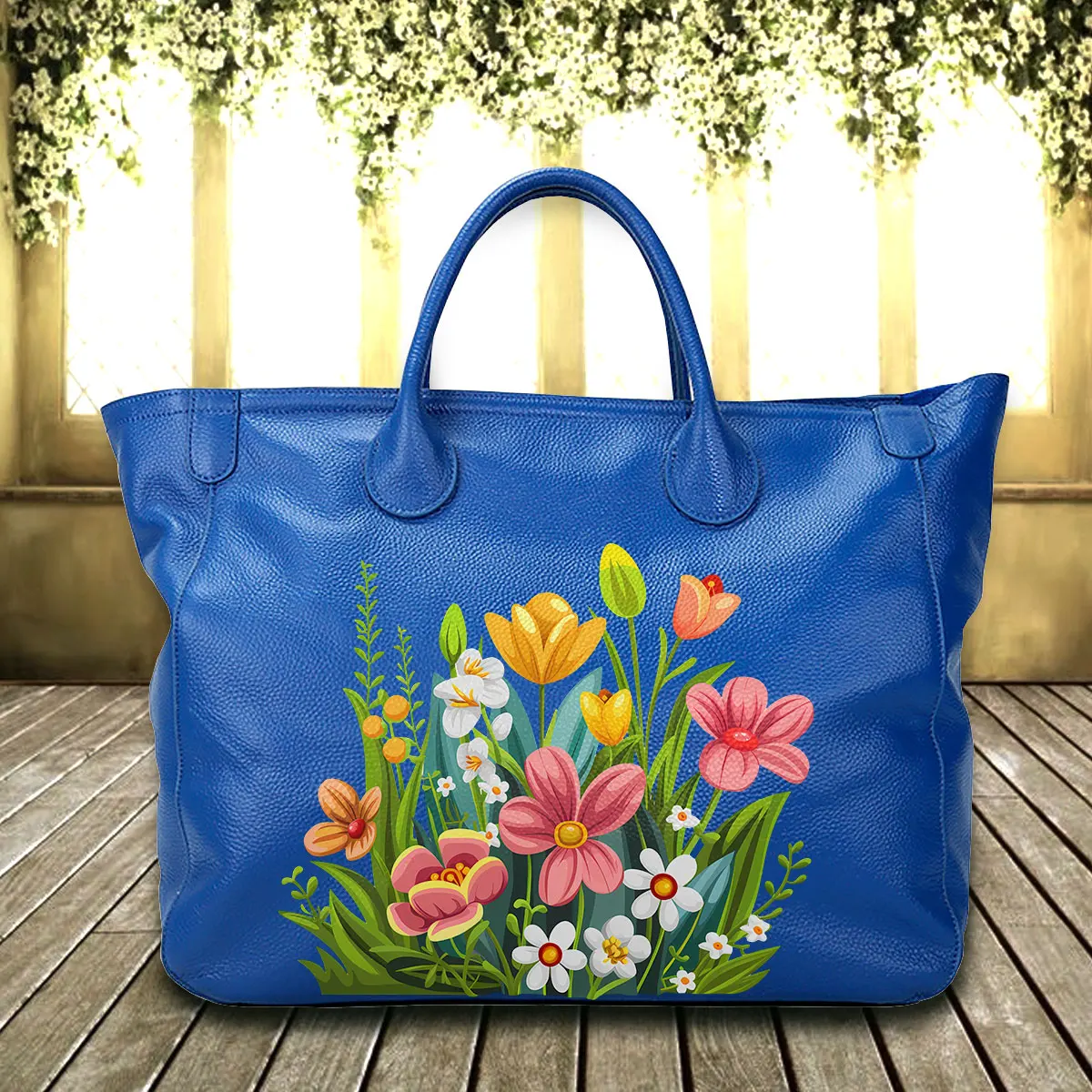 

Art Print Beauty Flowers Customize Totes Real Cowskin Leather Woman Bag Tote Bags Luxury Original Bag Borse Da Donna