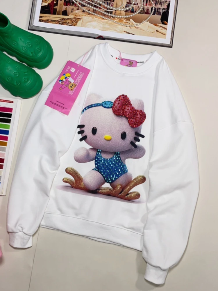 Korean Loose Cartoon Cat Print Drop Sleeve Hoodies Women Spring Autumn Long Sleeve Crew Neck Diamonds Sweatshirt Kawaii Clothes