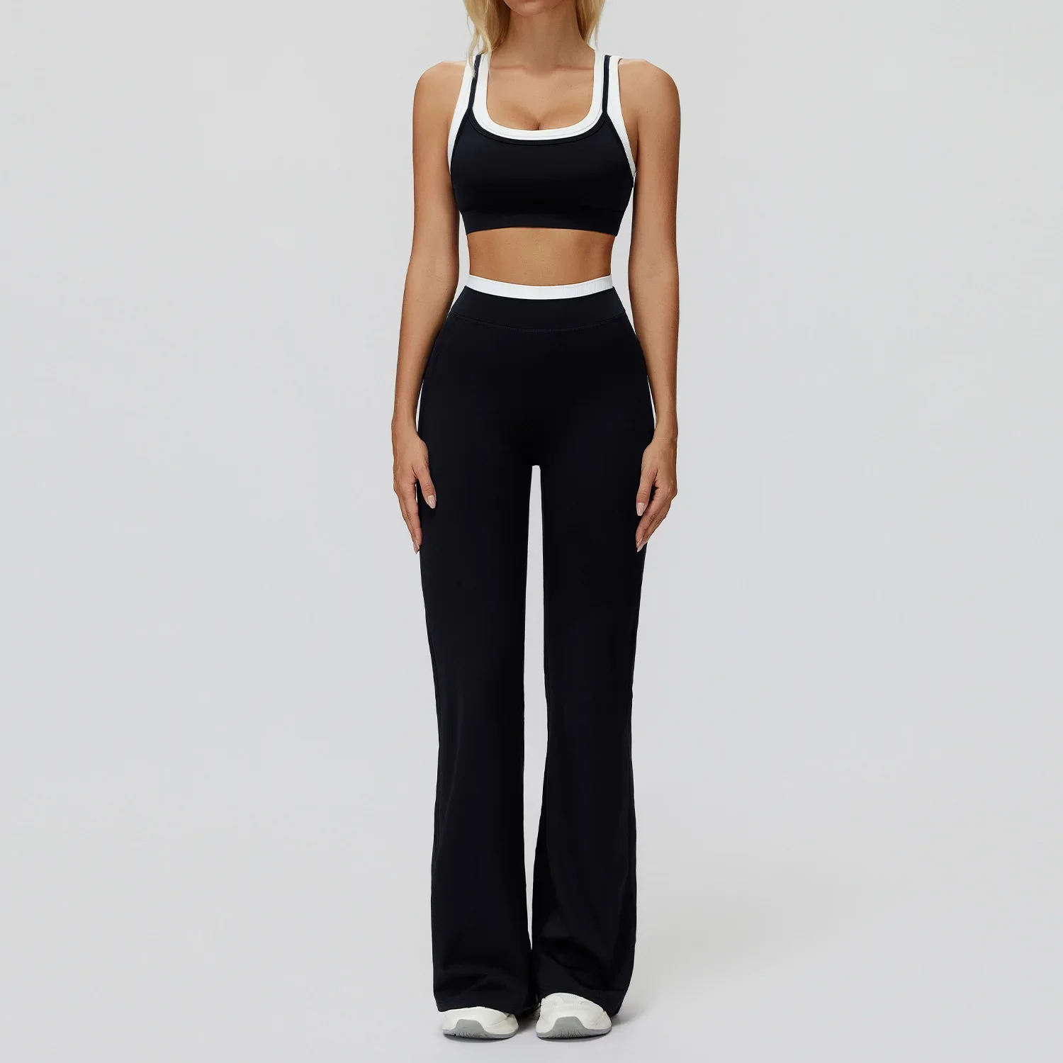 B New Model Gym workout Sportswear Thin Shoulder Bra Suspender Top+Shorts Outdoor Sports Sets Micro-flared Pants Yoga Suit