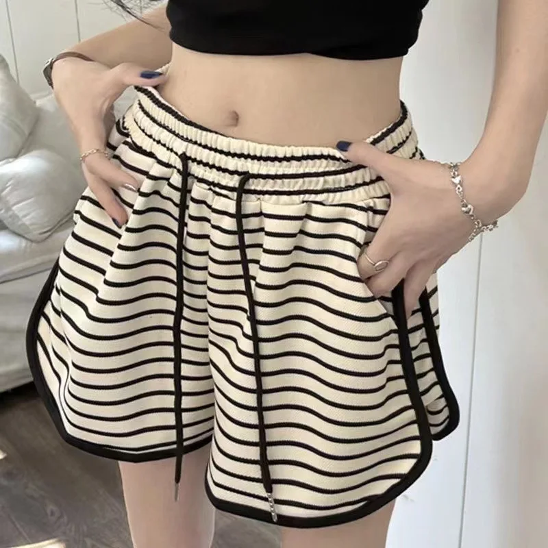 Women Striped Shorts High Waist 2024 Summer Breathable Fashion Bottoms Casual Sports Short Pants Ladies Loose Wide Leg Shorts