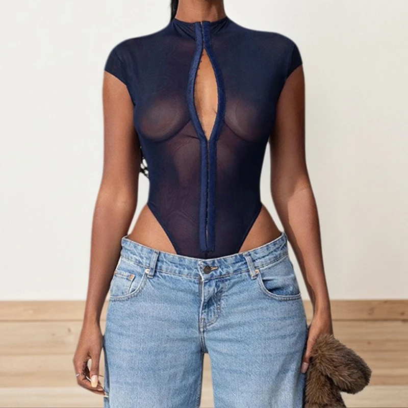 Fashion Mesh See-Through Bodysuit Women 2025 Summer Y2k Lace Up Mock Neck Short Sleeve Sheer Thong Skinny Beachwear Outfits