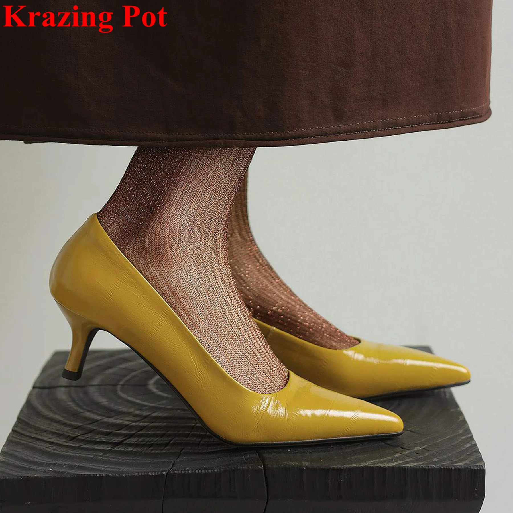 Krazing Pot Cow Skin Pointed Toe High Heels Shallow Spring Autumn Shoes Dating Party Elegant Wedding Concise Brand Women Pumps