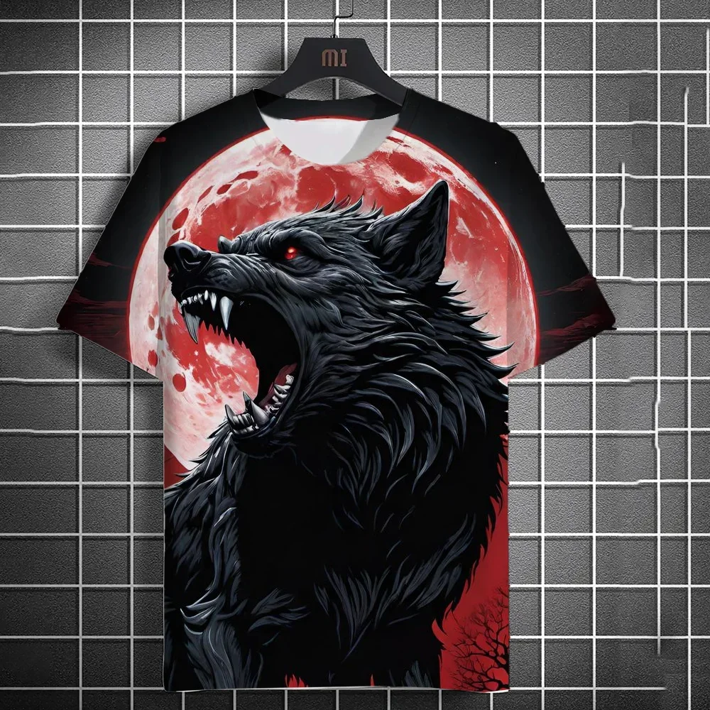 2026 Gothic Dark Howling Wolf Blood Moon Graphic Tee Black Base 3D Print Short Sleeve Summer Street Fashion Animal Casual Tops