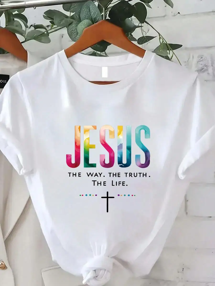 Jesus Print Women s T-Shirt, Summer Women s Fashion, Casual, Comfortable, Soft, Athletic, Fitness, Daily Outdoor, Breathable Crewneck Short Sleev