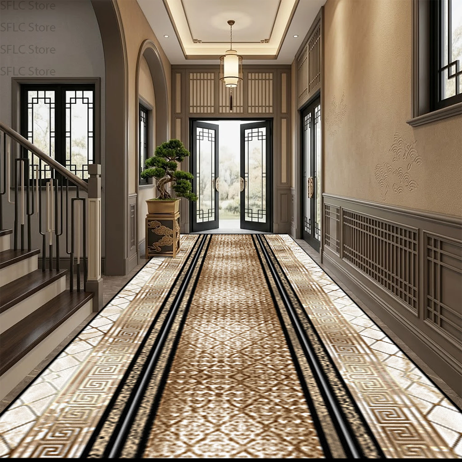Golden Modern Light Luxury Style Long Corridor Carpet Decoration Wedding Hotel Non-slip Rug Easy Clean Lint-free Runner Foot Mat