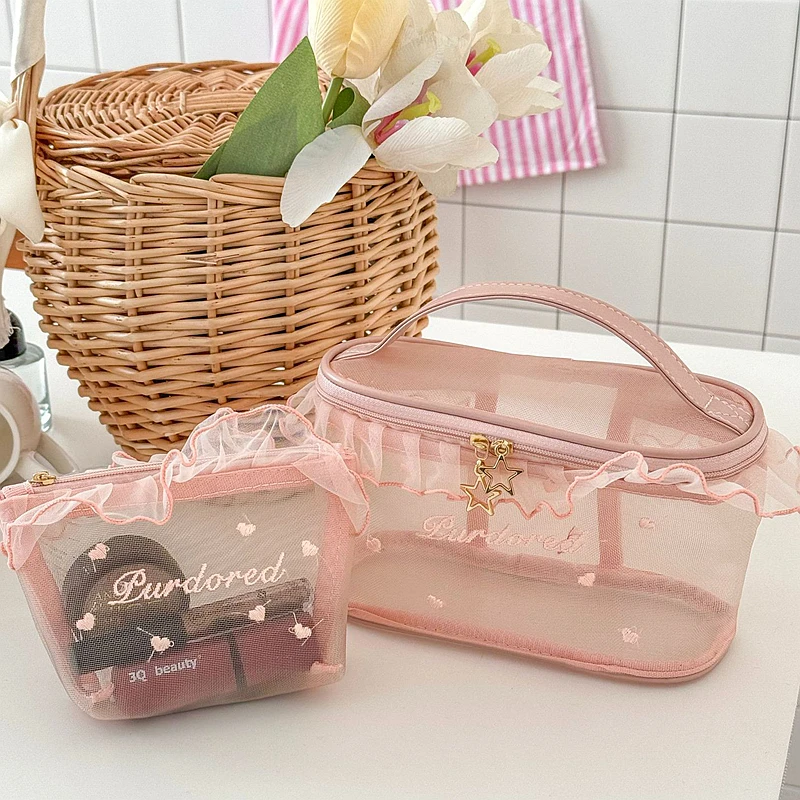 

1PCS Kawaii Girl Pink Mesh Embroidery Cosmetic Bag Small Large Girl Portable Makeup Storage Bag Case