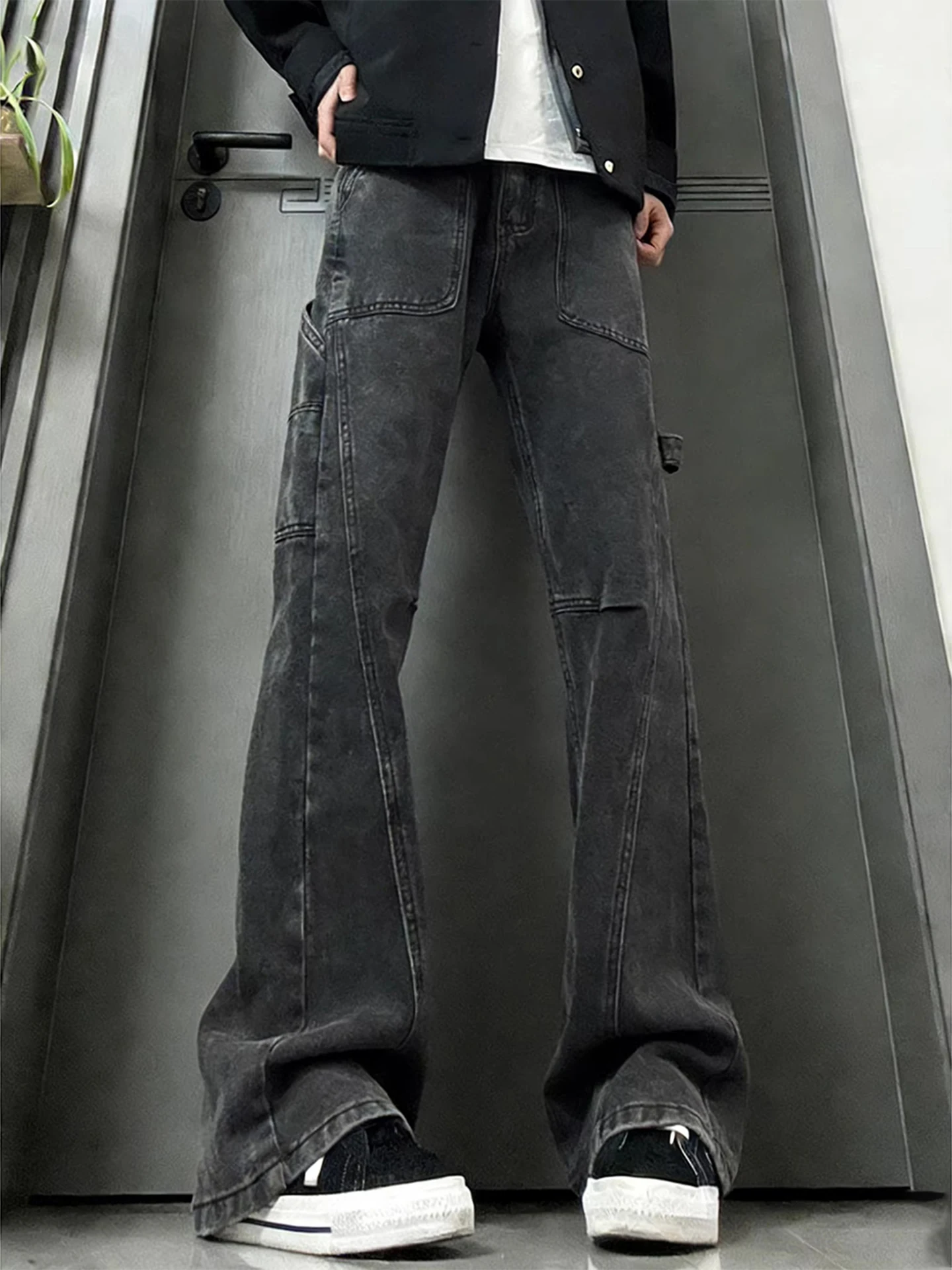 

Американские деконструированные рабочие джинсы для мужчин: весенне-осенние, с высокой талией, прямые, слегка расклешенные, в стиле чоппер, молодежные