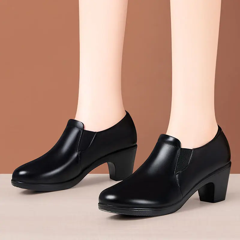 high quality leather shoe for women 6cm mid heel platform point toe 33 34 43 elegant and fashion autumn winter shoe black