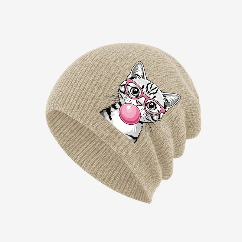 Bubble Gum Blowing Cat Print Soft Kids Knit Cold Hat 1-3Y Toddler Fashion Beanie for Daily Outing & Children Theme Party view 4