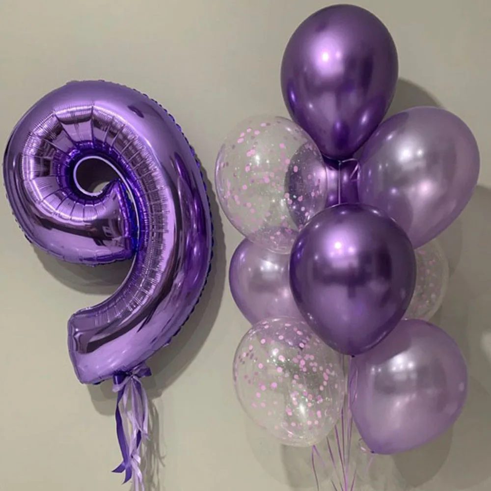 10pcs Number Foil Purple Latex Balloons Happy Birthday Party Decorations Kids First Baby Girl 1st 1 2 3 4 5 6 7 8 9 Years Old ﻿