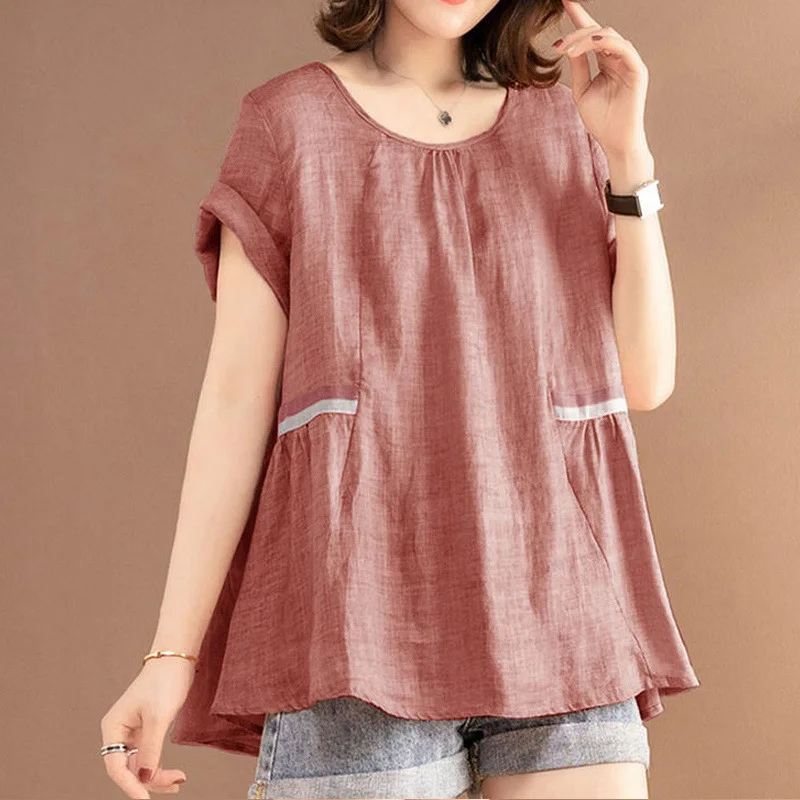 Streetwear Oversized Vintage Fashion Striped Patchwork Blouse Women Summer Casual O Neck Short Sleeve Loose Ladies Tops Clothing