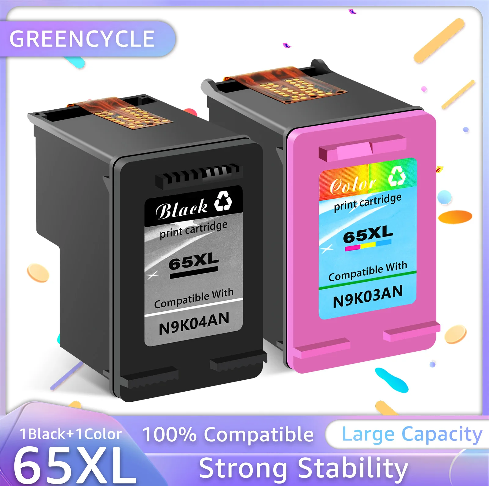 Greencycle 65 65XL Remanufactured Black/Color Ink Cartridge Replacement Compatible for HP Envy 5055 5058 5052 DeskJet 3755 2622