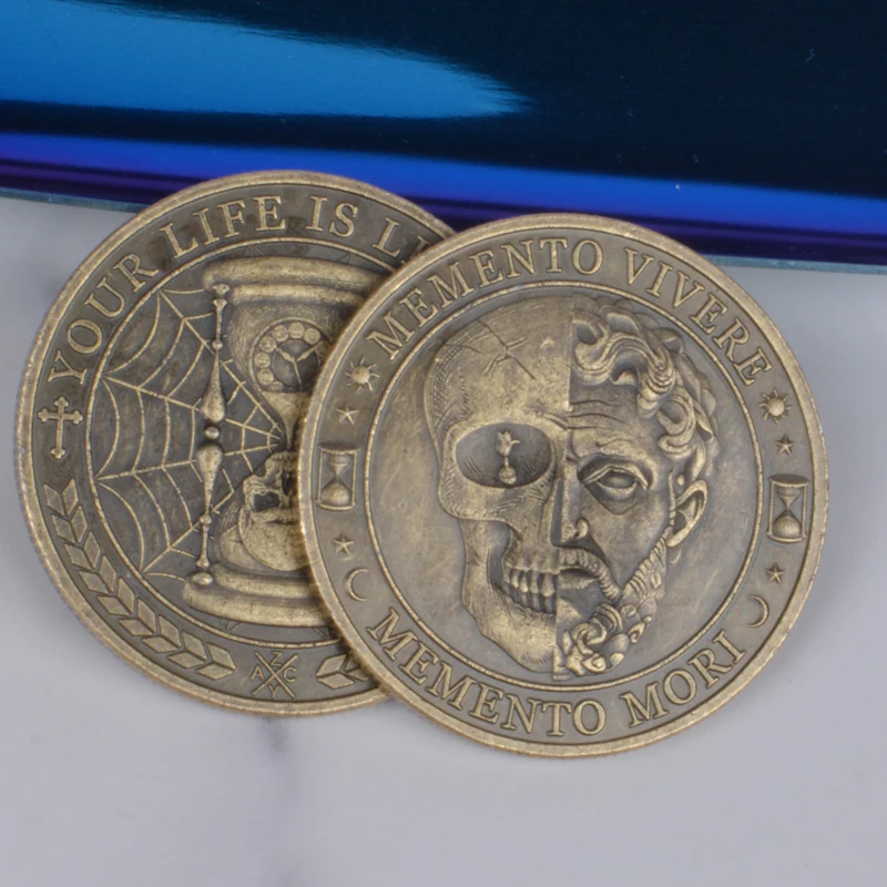 حياتك محدودة TEMPUS FUGIT MeMeNto Mori عملة معدنية عتيقة على شكل جمجمة تذكير تحمل عملات الرواقية الملهمة