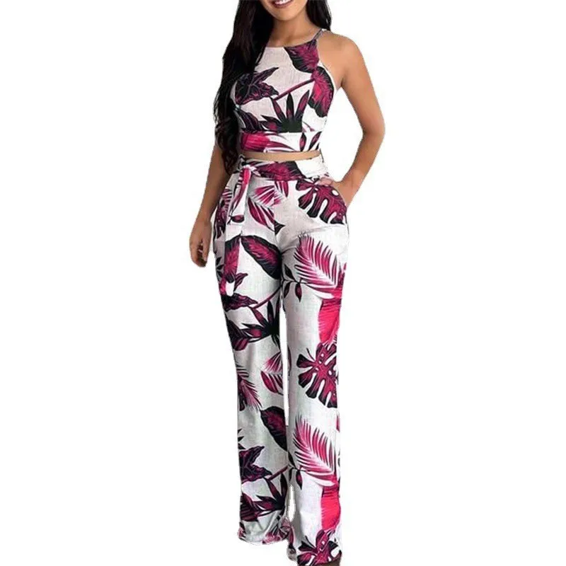 Summer Two Piece Set Women Fashion Short Print Sleeveless Vest High-waisted Wide-leg Pants Suit Two Piece Set Women Casual Suit